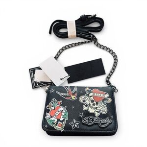 Ed Hardy Black Crossbody Bag Wallet Chain Tattoo Skulls Tiger Eagle Faux Leather